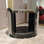 Round Marble-Top Sofa Side Table with Fan-Pattern Leather Panels, Open Shelf and Stainless Steel Trim